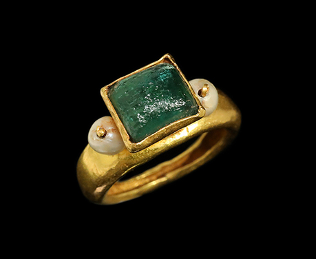 6世紀 ビザンチン 天然真珠 エメラルド色 グラス ゴールド リング 指輪　