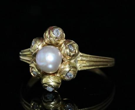 5.5mm 天然真珠と薔薇 ダイヤモンド ゴールドリング　指輪